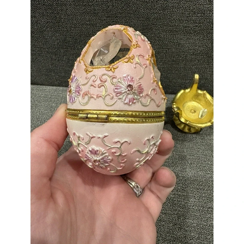 Jewelry Box Trinket Pink Gold Tone Band Pedestal Hanging Fake Crystals 5